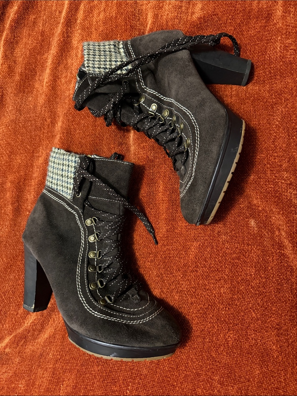 Hush Puppies | Chocolate Suede Lace-Up Ankle Boots Houndstooth Cuff | 10